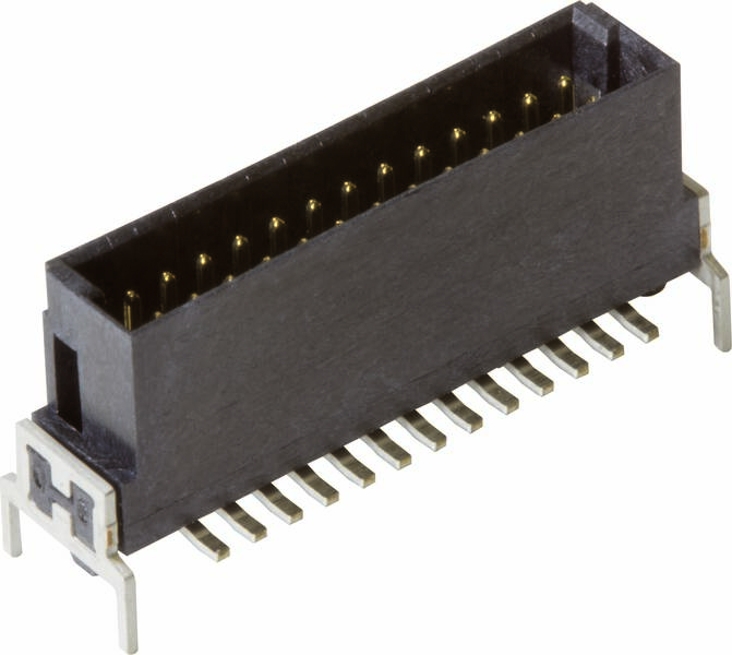 Connettore elettrico nero con pin metallici, idoneo per collegare componenti elettronici su un circuito stampato.