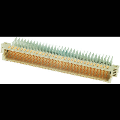 Un connettore elettronico con più spine metalliche e superfici di contatto per il collegamento di componenti elettronici.