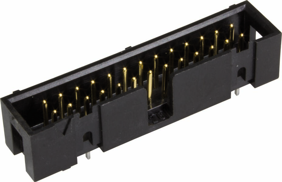 Connettore elettrico nero con 34 pin dorati, utilizzato per il collegamento di dispositivi elettronici.
