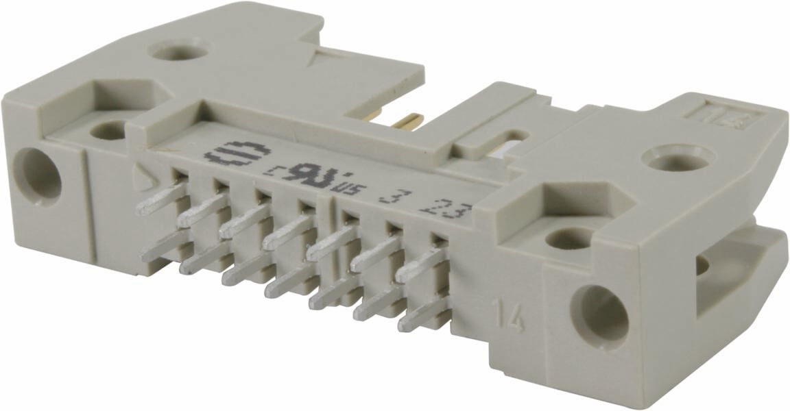 Un connettore grigio multi-pin utilizzato per connessioni elettroniche.