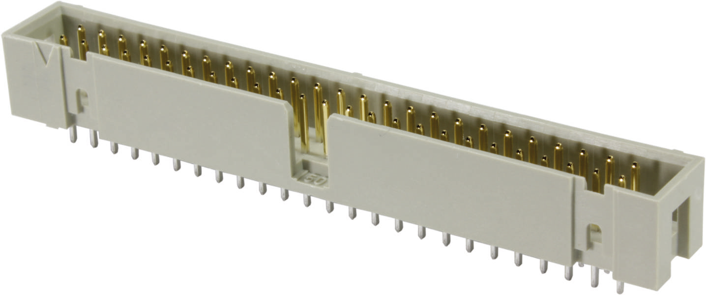 Un connettore rettangolare con pin dorati e alloggiamento bianco. Utilizzato per connessioni elettroniche su circuiti stampati.