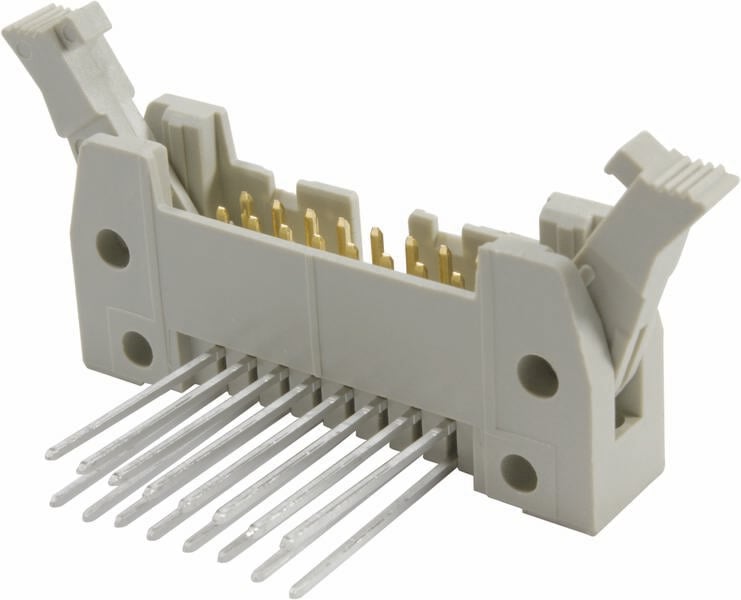 Un connettore elettrico grigio multipolare con pin dorati e blocchi laterali, utilizzato per circuiti stampati.