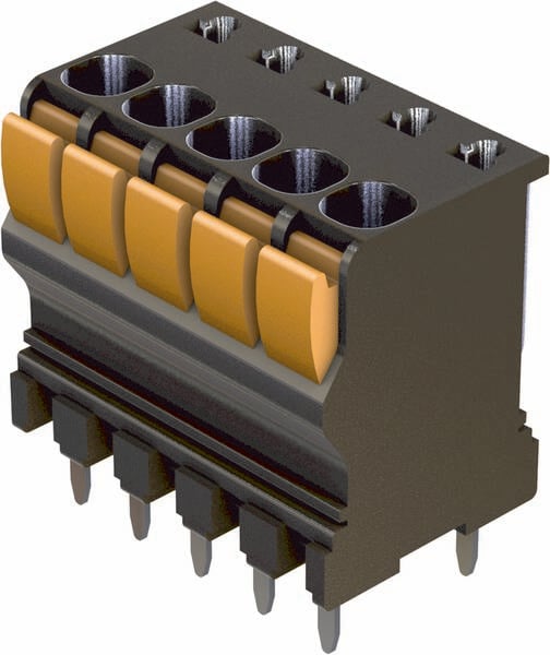 Connettore nero con sei morsetti a leva di colore arancione, idoneo per l'utilizzo in circuiti elettronici.