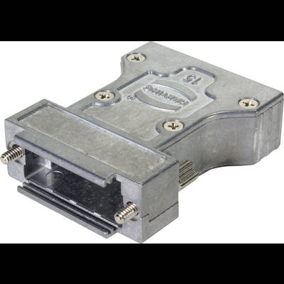 Custodia metallica per connettore con multiple viti e connessione rettangolare. Utilizzata per connessioni elettriche.