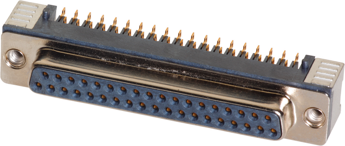 'Connettore maschio DB-25 con 25 pin metallici disposti su due file orizzontali, racchiuso in un involucro metallico rettangolare.'