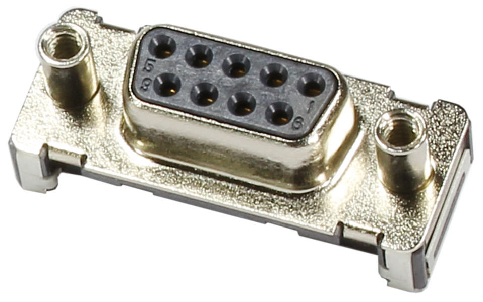 'Connettore DB9 femmina': Un connettore metallico rettangolare con nove pin, comunemente utilizzato per interfacce seriali.