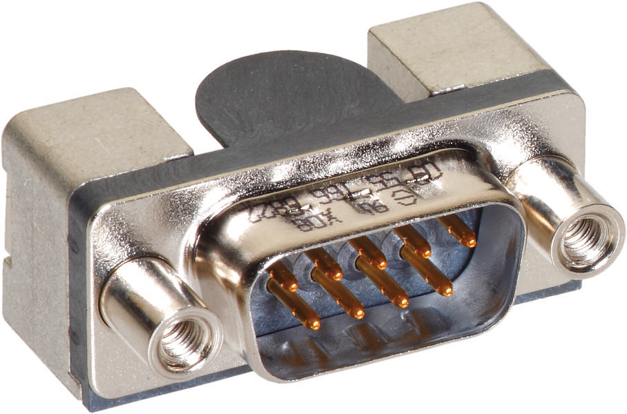 Un connettore D-Sub a 9 pin in custodia metallica, spesso utilizzato per connessioni informatiche. Mostra la tipica forma a D e i pin di contatto.