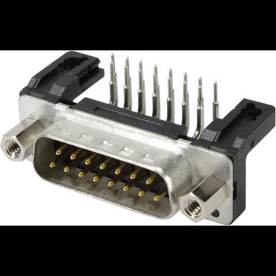 Un connettore D-Sub a 15 pin, comunemente utilizzato in dispositivi elettronici e computer, mostra i pin metallici e le viti di fissaggio.