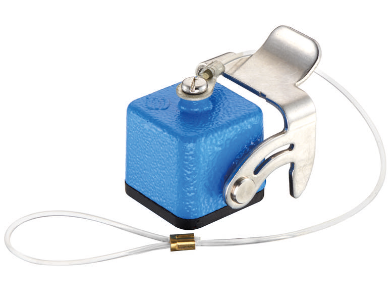 Isolatore di cavo blu con gancio in acciaio inossidabile e cappio in filo per installazioni elettriche.