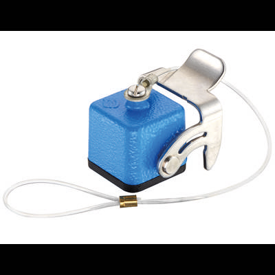 Isolatore di cavo blu con gancio in acciaio inossidabile e cappio in filo per installazioni elettriche.