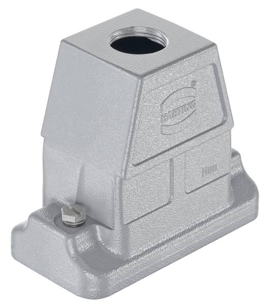 Involucro di un connettore industriale in grigio con un'apertura quadrata superiore e una vite laterale per il fissaggio. Adatto per connessioni robuste.