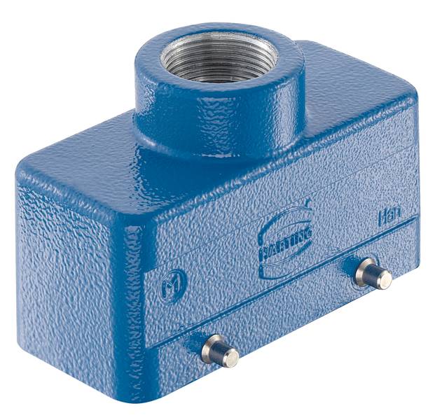 Custodia blu per connettore industriale con attacco rotondo nella parte superiore; stampigliata con logo del produttore e specifiche.