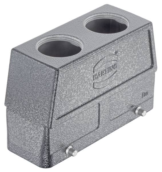 Involucro metallico grigio con due aperture circolari sulla parte superiore, idoneo ad accogliere connettori, logo del marchio sul lato frontale.
