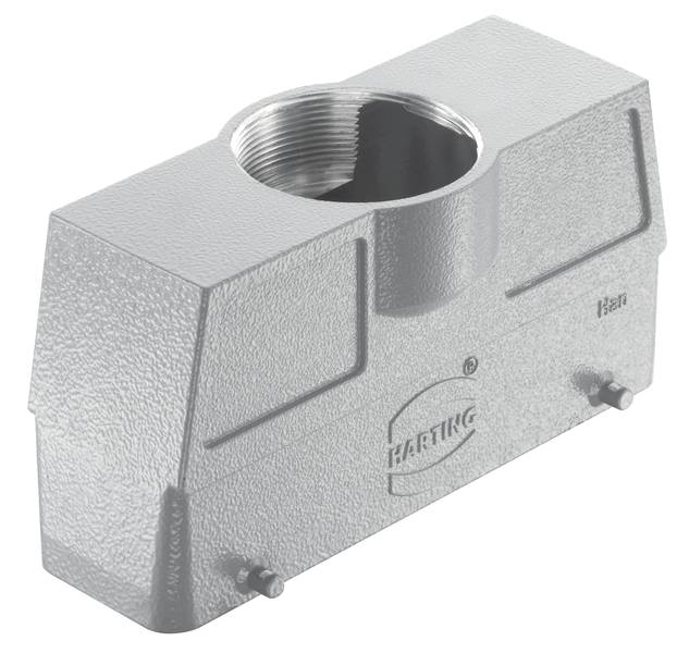 Involucro metallico di un connettore con apertura per vite contrassegnata e logo Harting, idoneo per applicazioni industriali.