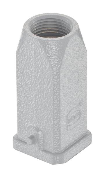 Cappuccio metallico grigio di forma esagonale con apertura filettata in alto, utilizzato per connessioni di tubi.