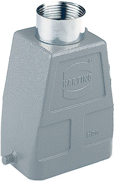 Un involucro rettangolare in metallo con filettatura superiore e l'impronta 'HARTING' e 'Han', utilizzato per il fissaggio di componenti elettroniche.