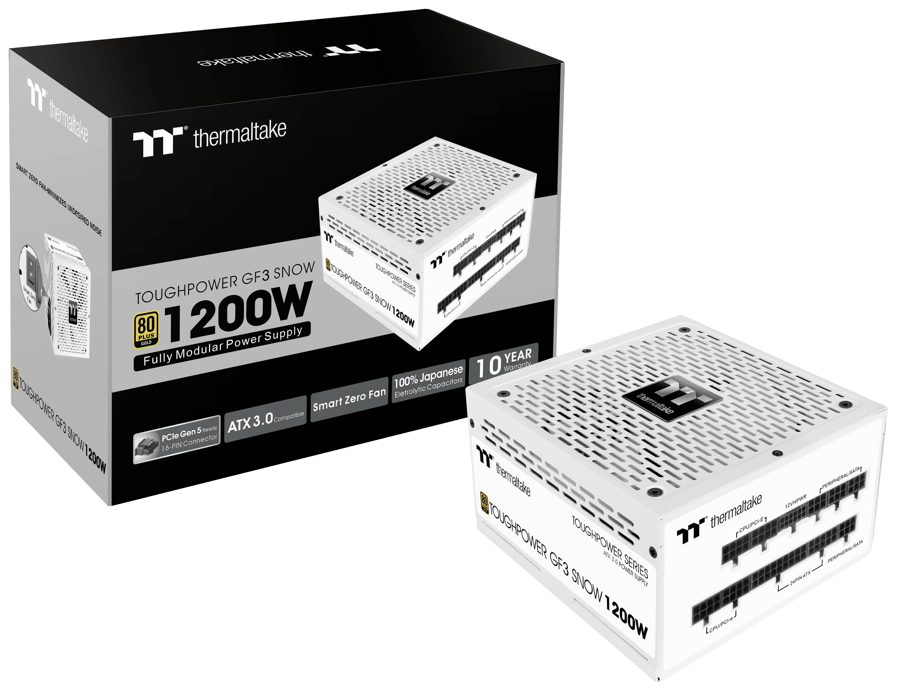 Alimentatore Thermaltake "Toughpower GF3 1200W Snow", certificato 80 Plus Gold. Cavi completamente modulari, ATX 3.0, condensatori giapponesi al 100%.