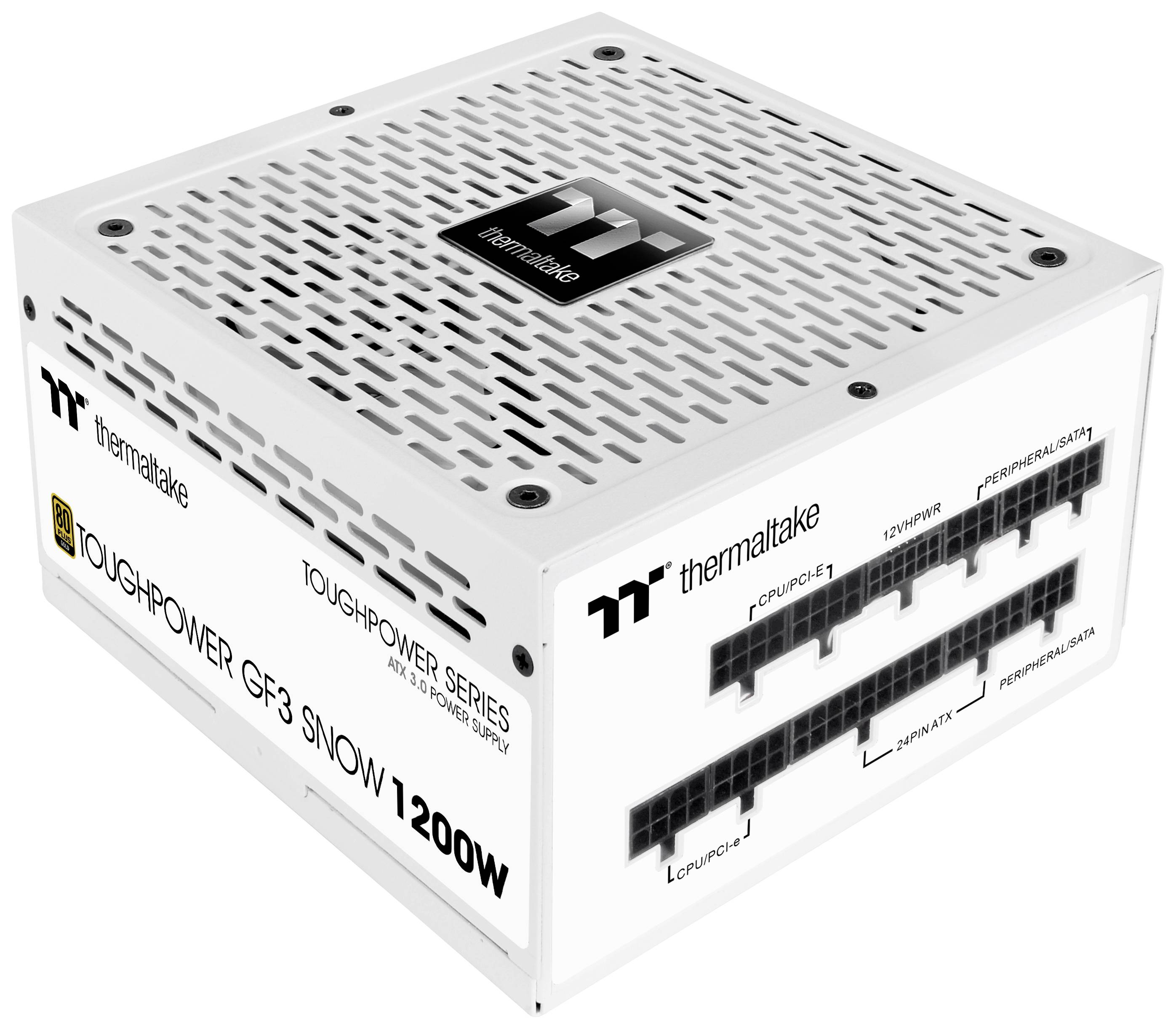 Un alimentatore PC bianco, modello 'Thermaltake Toughpower GF3 Snow 1200W', con più connettori di alimentazione e feritoie di ventilazione.