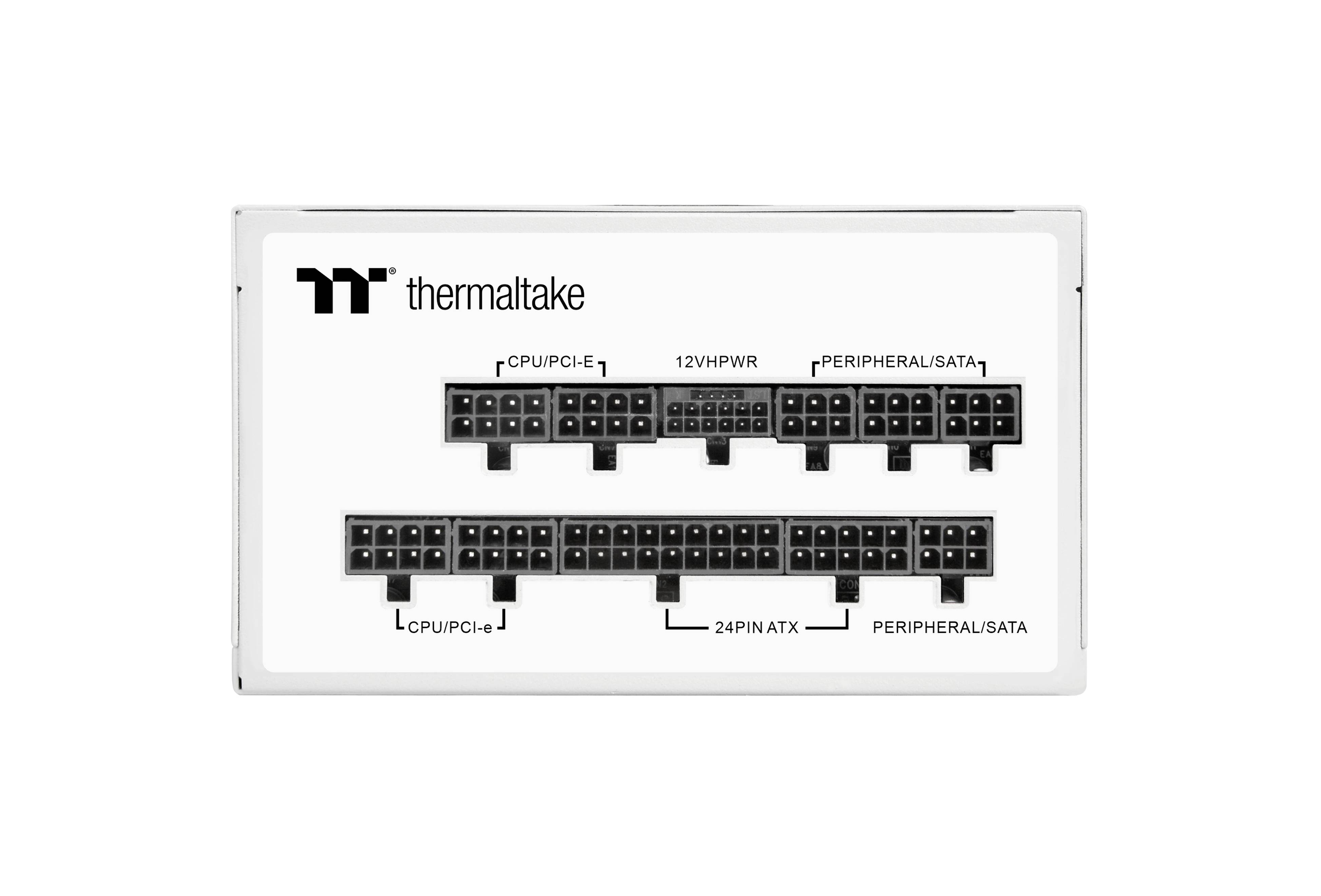 Scheda madre con connettori per CPU, PCI-E, 12VHPWR, SATA e ATX. Sopra i connettori è raffigurato il logo Thermaltake.