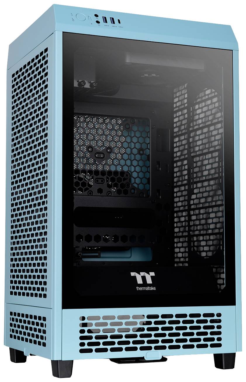 Un case per computer color turchese con pannello frontale in vetro nero e lati in mesh per la ventilazione. Fessure di aerazione in alto e in basso.