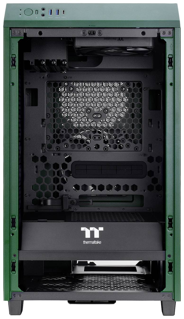 'Custodia per computer verde vuota di Thermaltake con coperture anteriori e laterali aperte, pronta per l'installazione dei componenti.'