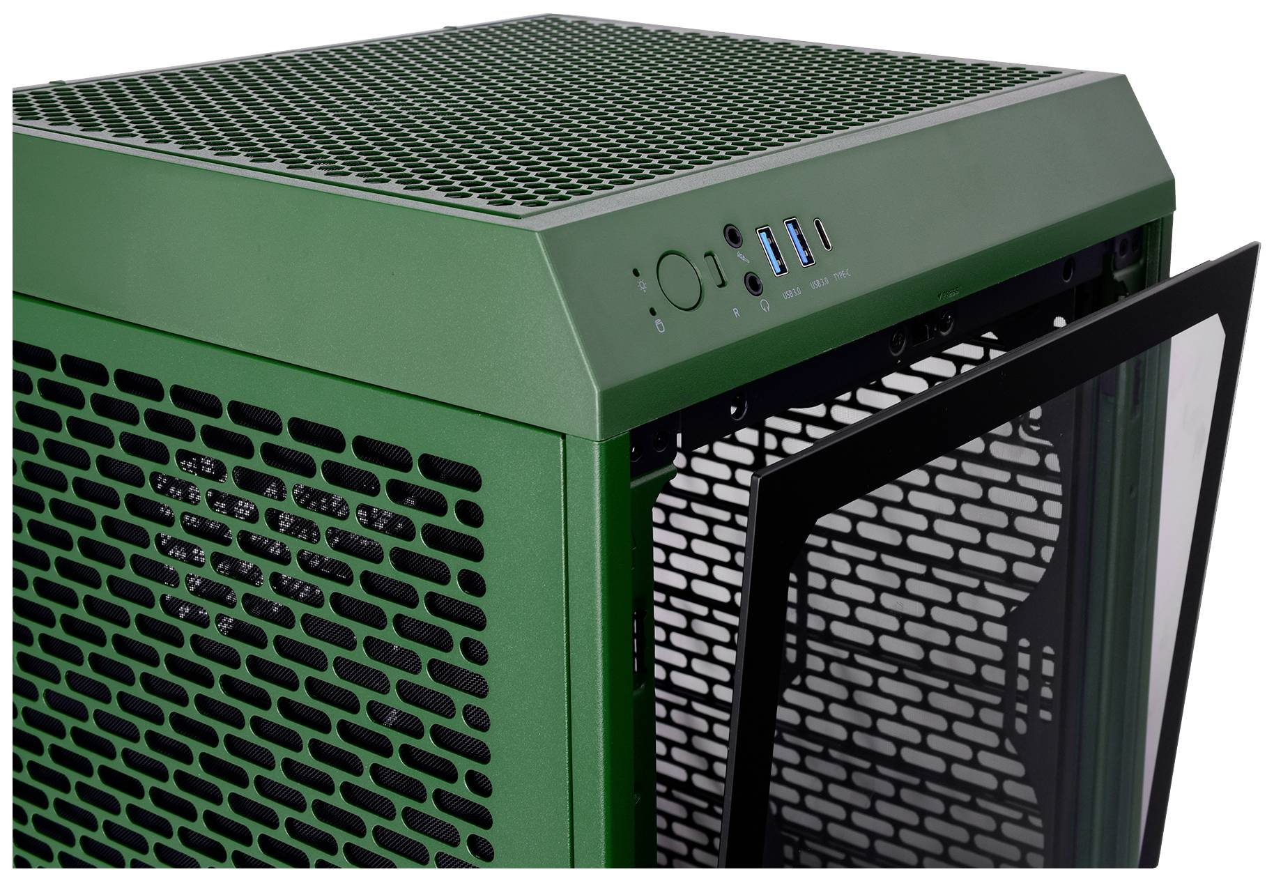 Un case per computer verde con griglie di ventilazione aperte e due porte USB sul lato anteriore. Il coperchio laterale è aperto.