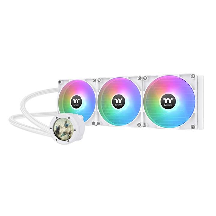 Radiatore PC triplo con ventole RGB illuminate e pompa CPU, ideale per il raffreddamento di computer da gaming.
