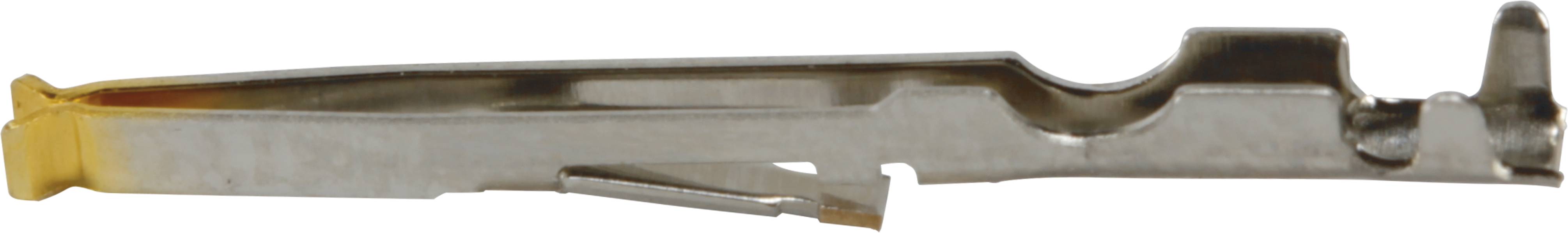 Un clip metallico visto di lato, probabilmente un elemento di fissaggio, con forma curva e piatta.