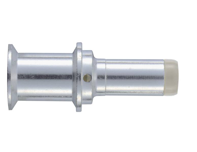 Pistone cilindrico metallico con estremità arrotondata e flange centrali. Utilizzato per connessioni meccaniche.