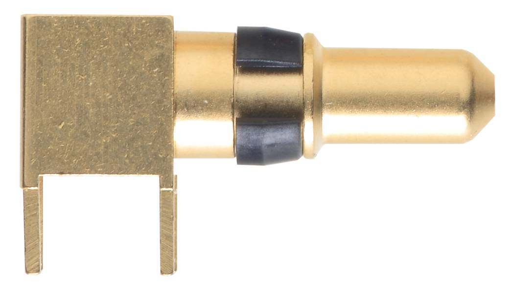 Spina ad angolo color oro con anello in plastica nera, vista laterale. Adatta per connessioni audio.
