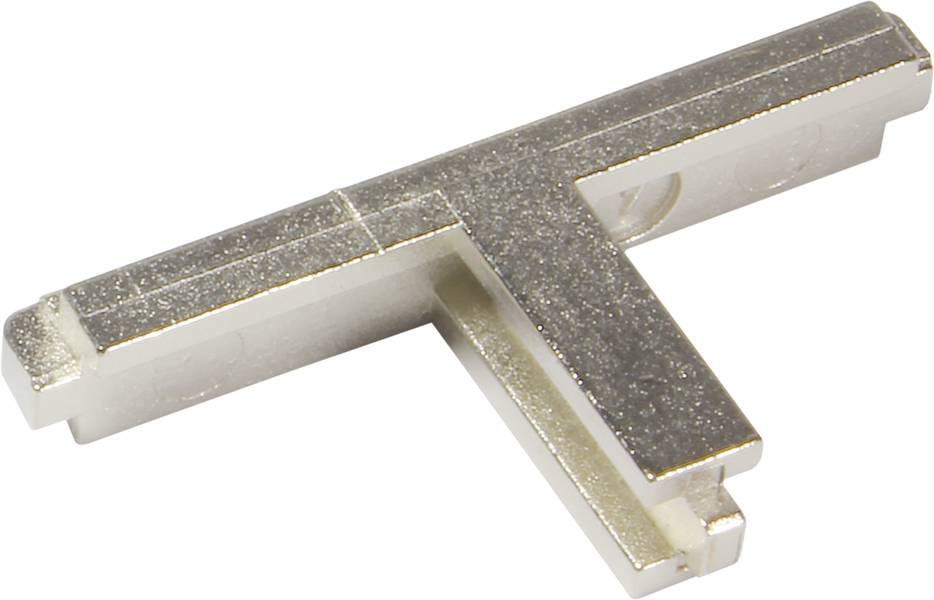 Un angolare in metallo argentato a forma di T, comunemente utilizzato in ferramenta per mobili o porte, mostra caratteristiche robuste di costruzione.
