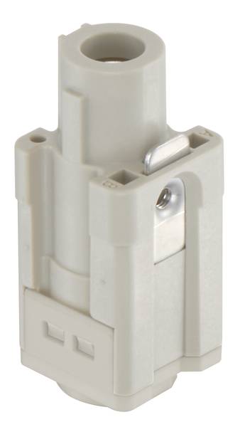 Un connettore elettrico grigio di forma cilindrica con un clip in alto e due aperture in basso.
