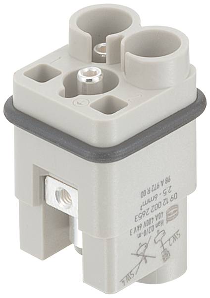 Un connettore quadrato grigio in plastica con due attacchi rotondi e una guarnizione nera. Reca marcature tecniche.