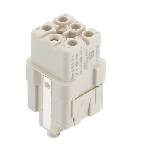 Un connettore multipolare rettangolare di colore grigio chiaro con più attacchi. Possiede una base rettangolare e aperture verticali per l'inserimento.