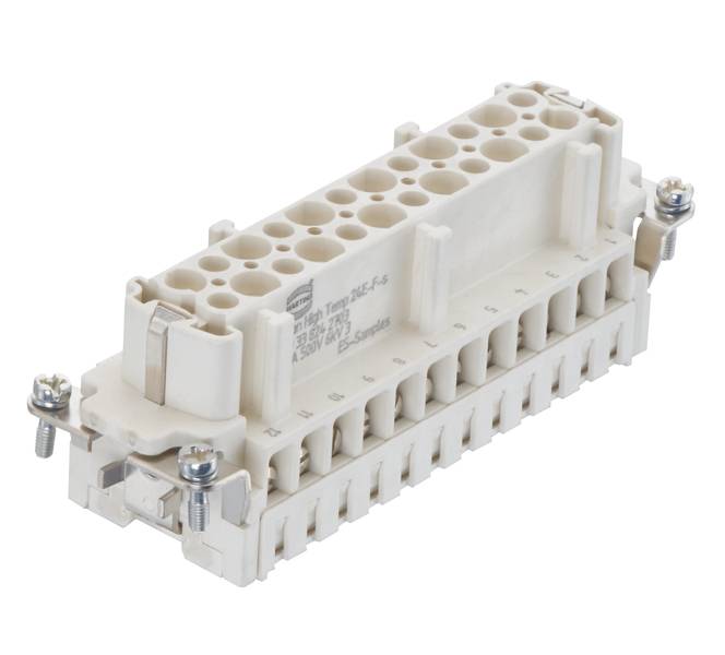 Connettore elettrico color avorio con più morsetti e viti agli angoli, per applicazioni industriali.
