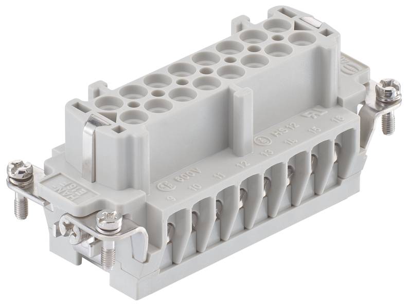Connettore elettrico grigio-bianco con più alloggiamenti e fissaggi a vite, idoneo per applicazioni industriali.