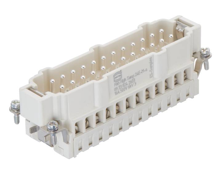 Connettore elettrico beige con più pin, raffigurato su sfondo bianco.