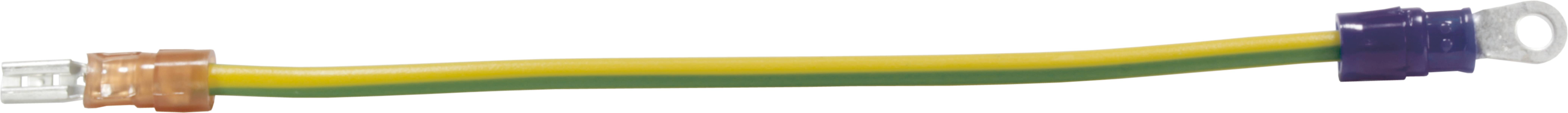 Cavo giallo-verde e marrone con capocorda ad anello all'estremità, elettricamente collegato.