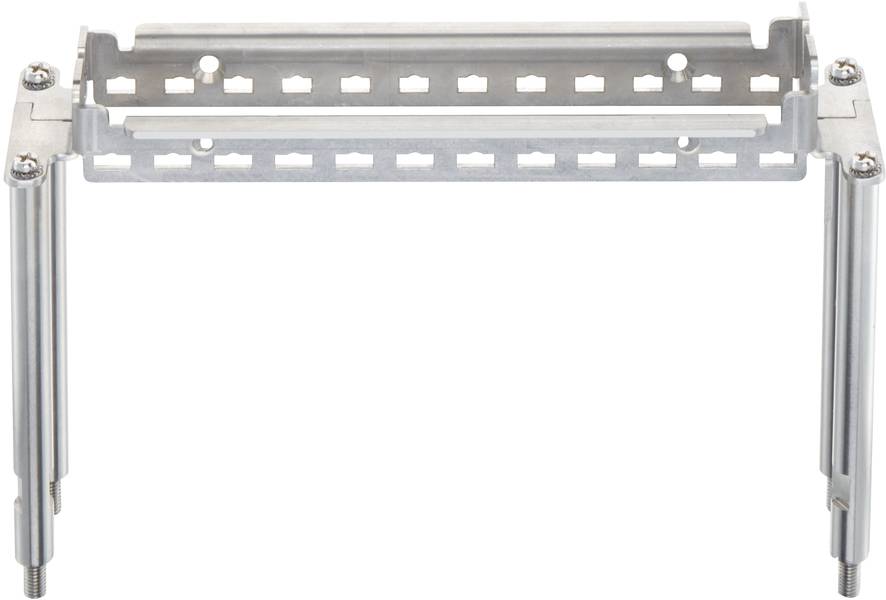 Supporto metallico con base rettangolare e quattro gambe di fissaggio allungate. Utilizzato per il montaggio di dispositivi o componenti.