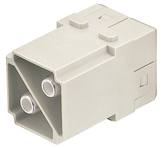 Un connettore rettangolare grigio in plastica con due terminali rotondi sporgenti. Adatto per connessioni elettriche.