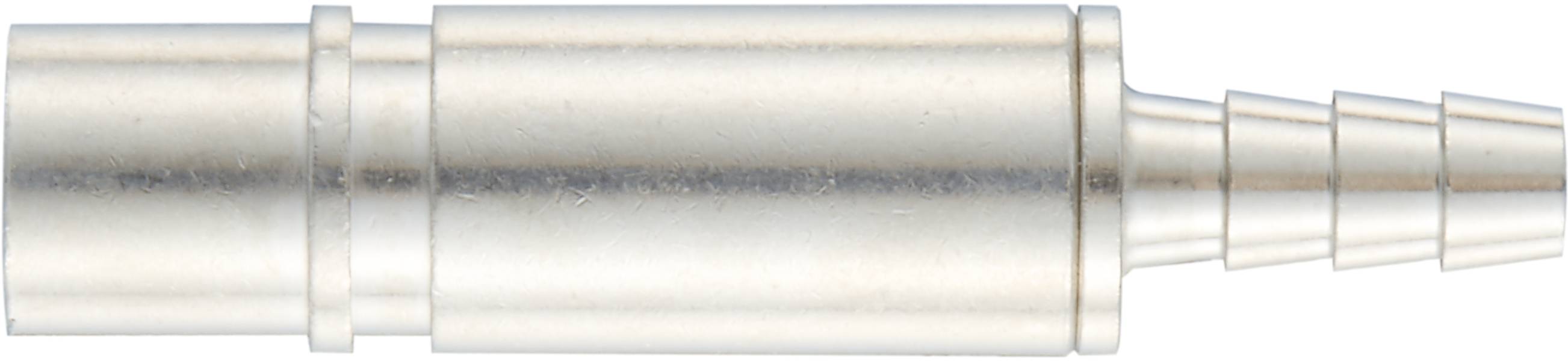 Adattatore metallico con corpo cilindrico diritto e lato di connessione a gradini. Utilizzato per collegare tubi o condotti.