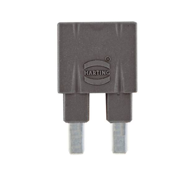 Un connettore di sicurezza grigio HARTING con due contatti metallici, raffigurato frontalmente.