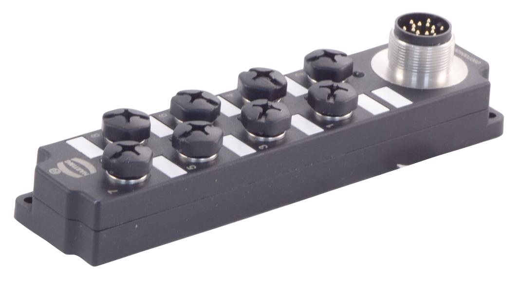 Blocco distributore nero con otto slot e un connettore rotondo in alto a destra, idoneo per connessioni elettriche via cavo.