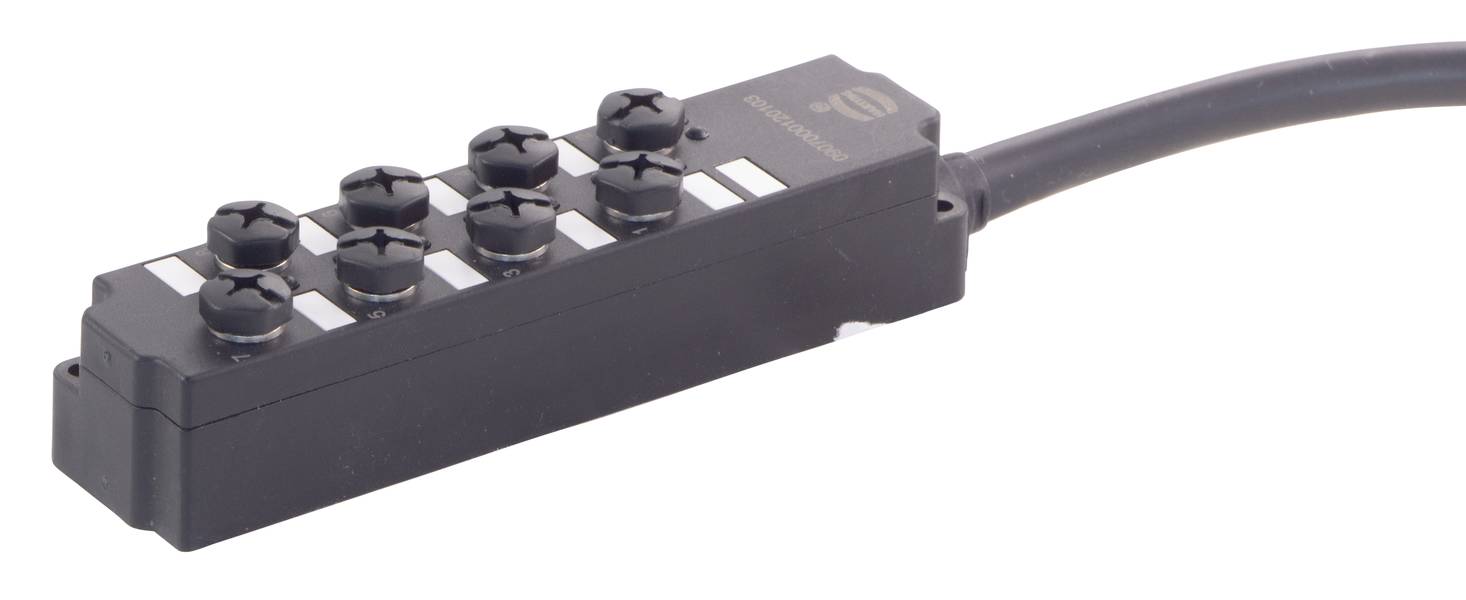 Un blocco distributore nero con otto prese di connessione e un cavo. Utilizzato in sistemi elettrici per la distribuzione di segnali.