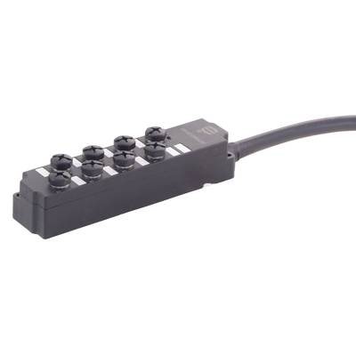 Un blocco distributore nero con otto prese di connessione e un cavo. Utilizzato in sistemi elettrici per la distribuzione di segnali.