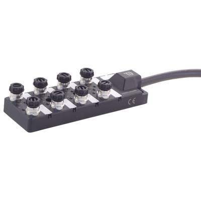 Blocco distributore elettrico con otto prese e un cavo. Involucro nero con marcature bianche per ogni connessione.