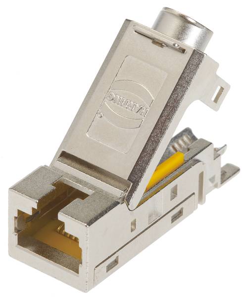 Connettore RJ45 metallico con cappuccio di protezione, aperto. Sono visibili i contatti placcati in oro per l'inserimento di un cavo.