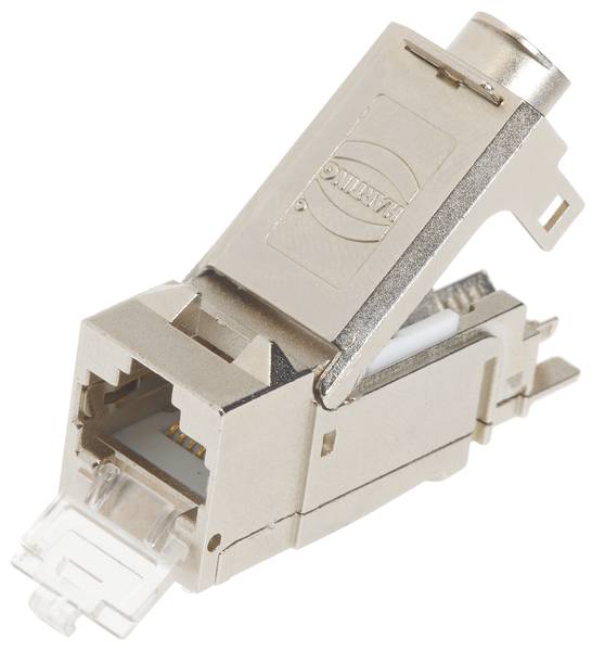 Modulo connettore di rete metallico RJ45 Cat6a con involucro schermato, idoneo al collegamento e alla terminazione di cavi Ethernet.