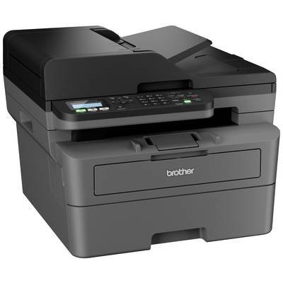 Stampante multifunzione con involucro nero e grigio, tastierino e display sulla parte anteriore. Alimentatore automatico documenti in alto.