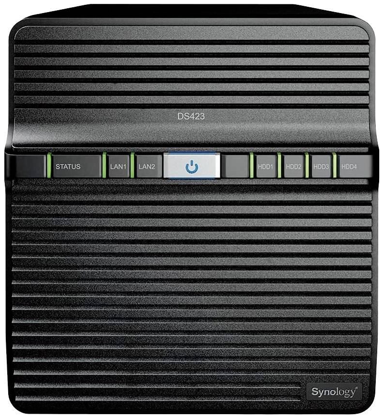 Dispositivo NAS nero con numero di modello 'DS423' sul lato anteriore. Visibili i LED di stato, LAN1, LAN2 e un pulsante di accensione blu.